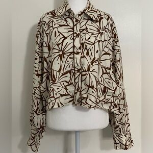 Magaschoni Linen Shirt Button Down Large Floral Brown White Boho Costal Beachy
